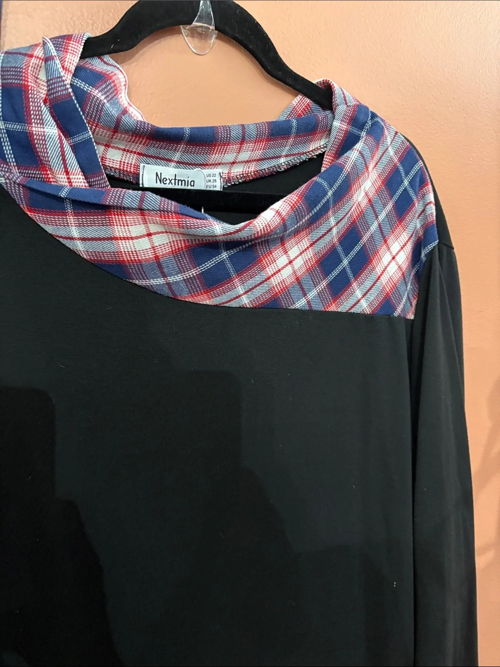 Black Asymmetrical dress with Red & Blue Plaid Panels and Lace Trim